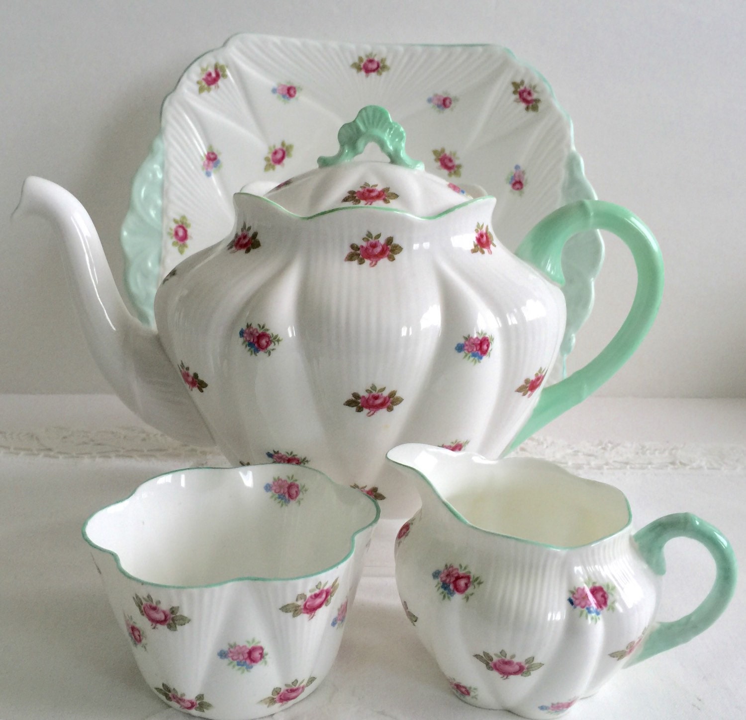 Shelley Dainty Rosebud Tea Set Teapot Cake Plate Milk