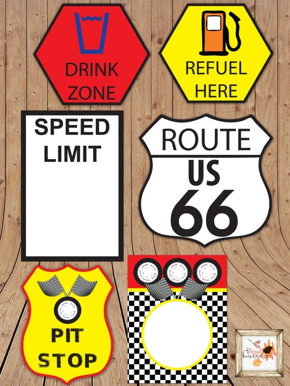 race car themed printable party road signs in microsoft word