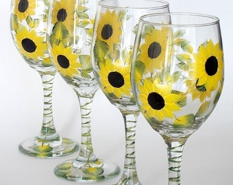 Set of 4 Hand Painted Wine Glasses Sunflowers Yellow Black Flowers Hand Painted Glassware Stemware Painted Glass Custom Personalized Wedding