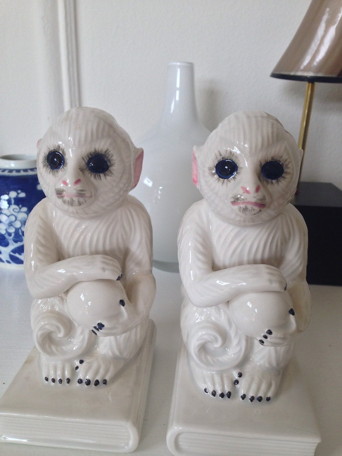 Vintage Ceramic Monkey Bookends White Ceramic Monkey Bookends