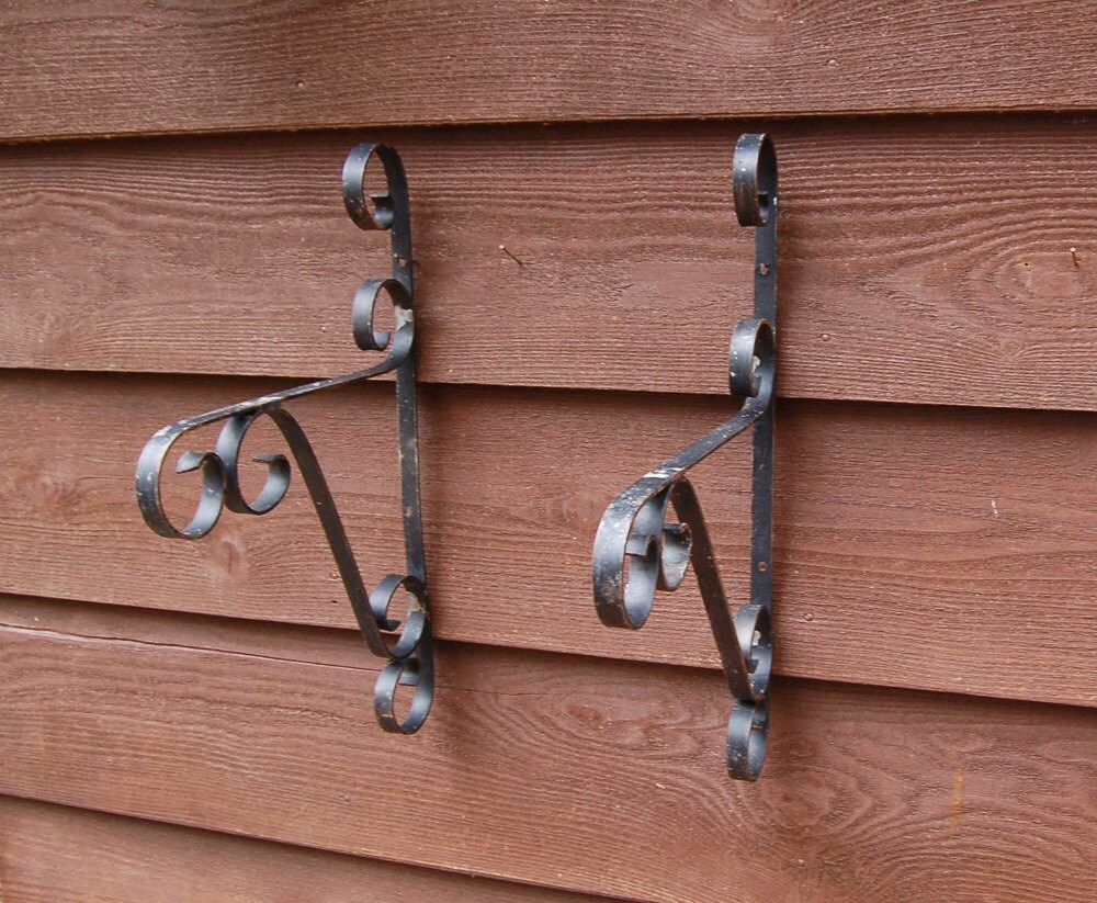 Pair Wrought Iron Plant Hanging Hooks Vintage Ornate Hanging