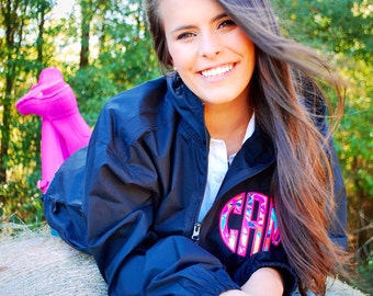 Preppy Charles River Pack N Go Pullover Wind Jacket with Lilly Pulitzer Double Monogram Rain Jacket