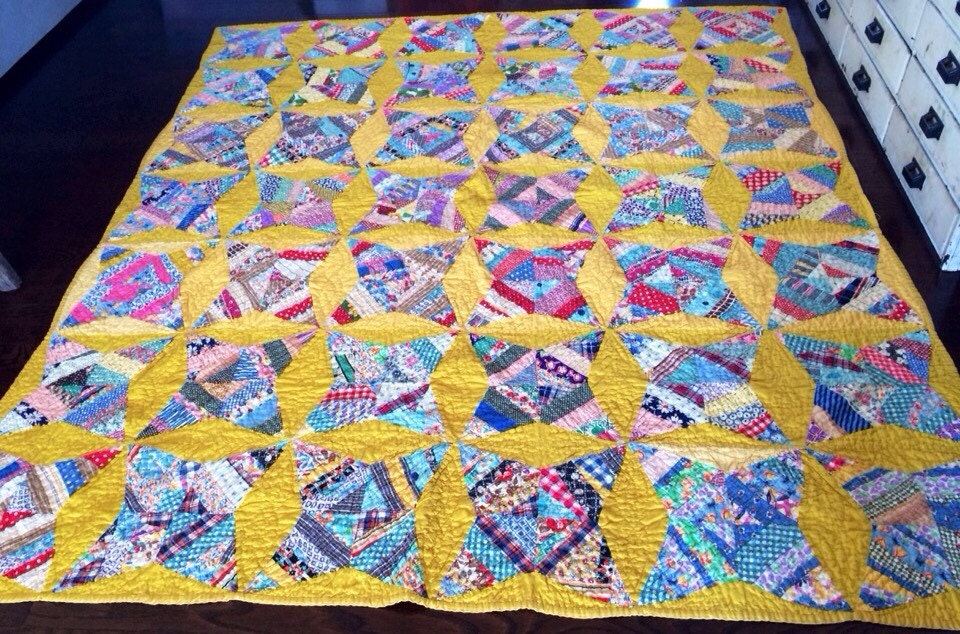 Vintage Handmade Quilt Mustard Yellow with Multicolored