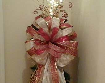 Christmas Tree Topper Bow,SHIPPING INCLUDED, Lighted Tree Topper,XL Luxury Designer Tree Topper Bow, Religious, Gold, Red Bow, Holiday Decor