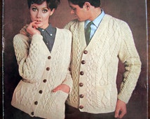 Mens & Womens ARAN CARDIGAN 1960s Vintage Knitting Pattern - Ar...