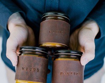 Woods candle - patchouli cedarwood and pine scented leather wrapped candle