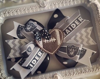 Oakland Raiders Hair Bow or Bow & Headband Set with Football Heart Feltie Center