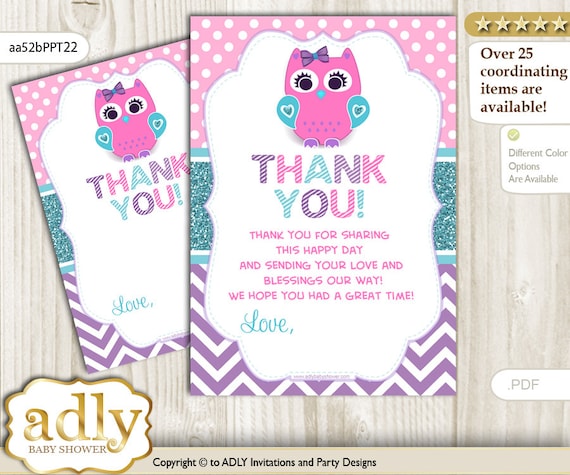 Girl Owl Thank you Card Printable for Baby Girl Shower or Girl Owl Thank you Card Printable for Baby Girl Shower or