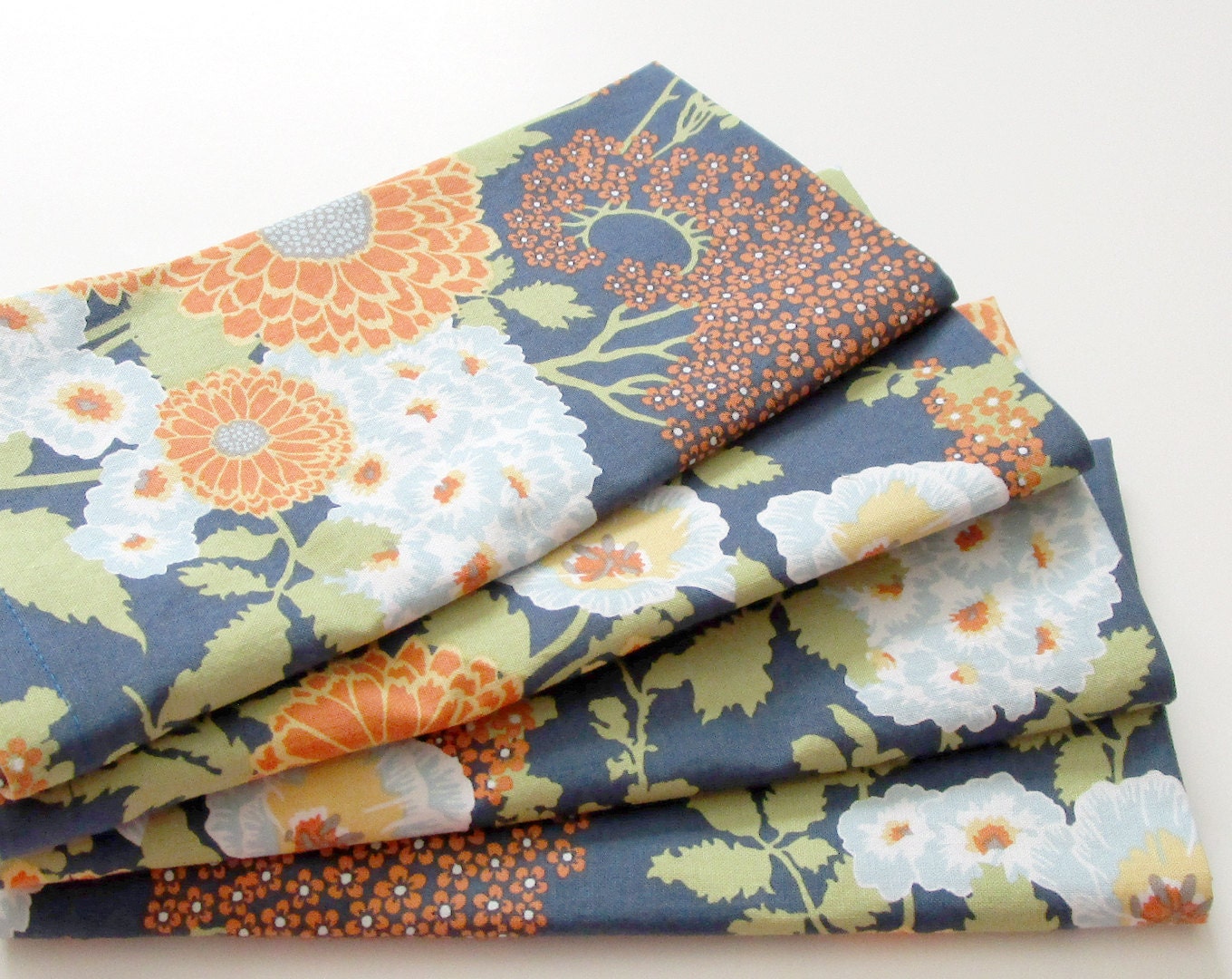 Cloth Napkins Set of 4 Orange Blue Flowers Large Dinner