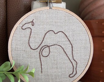 Hand-Embroidered 4-Inch Hoop Art Picasso Camel Drawing in Brown on 100% Natual Unbleached Linen