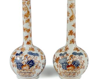 Pair of vintage handpainted Japanese Imari bottle pipe Vases - marked
