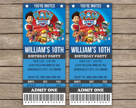 Paw Patrol Ticket Invitations Party Printable Instant Download 