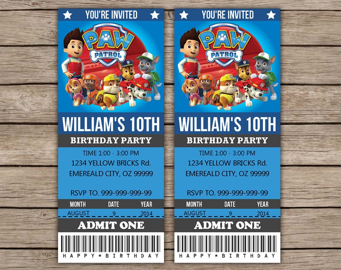 Paw Patrol Ticket Invitations Party Printable by SqweezDesign