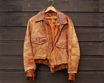 Leather Bomber Jacket, 30s 40s Horsehide Jacket, Vintage Leather Jacket Mens Med Lrg, Aviator Flight Jacket, East West Motorcycle Jacket