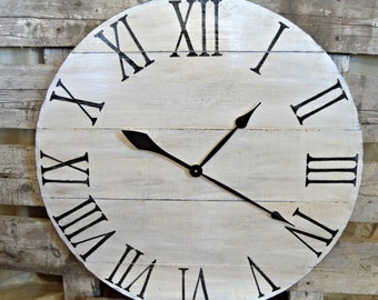 30" Large Oversized Distressed Wood Wall Clock-Cream with Black Roman Numerals