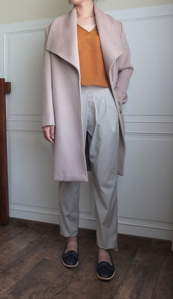 Taupe belted oversize lapel wool coat double-face cashmere