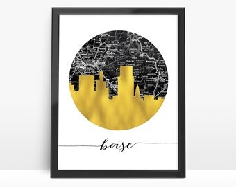 Boise Skyline, Faux Gold Foil Art,Black and White Map,Boise map,Modern Home Decor,NO,900
