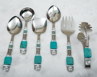 6 Piece Hostess Serving Set,Turquoise,Teal,Beaded,Wire Wrapped,Kitchen,Utensils,Serving,Dining,Holiday,Christmas,Entertaining,Hostess,Gift