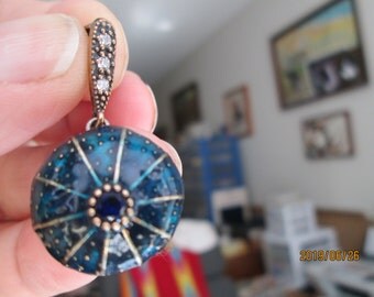 Art Deco .35ctw White Sapphire Blue Enameled 925 Sterling Silver Pendant, Wt. 5.2 Grams
