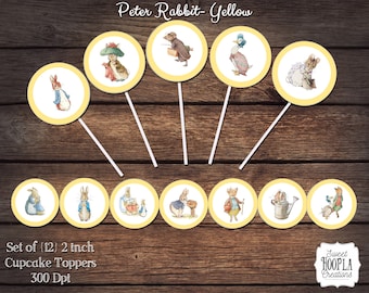 Vintage Peter Rabbit Cupcake Toppers- Yellow! INSTANT DIGITAL DOWNLOAD!!