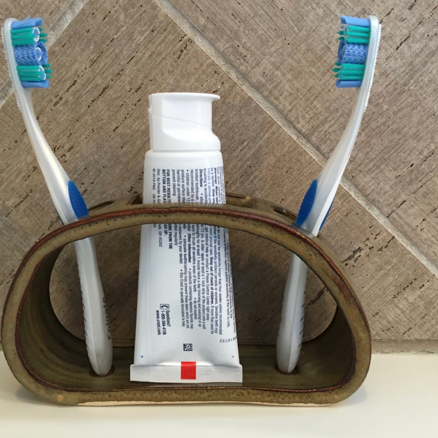 Toothbrush Toothpaste Holder Ceramic Waterfall Brown 2
