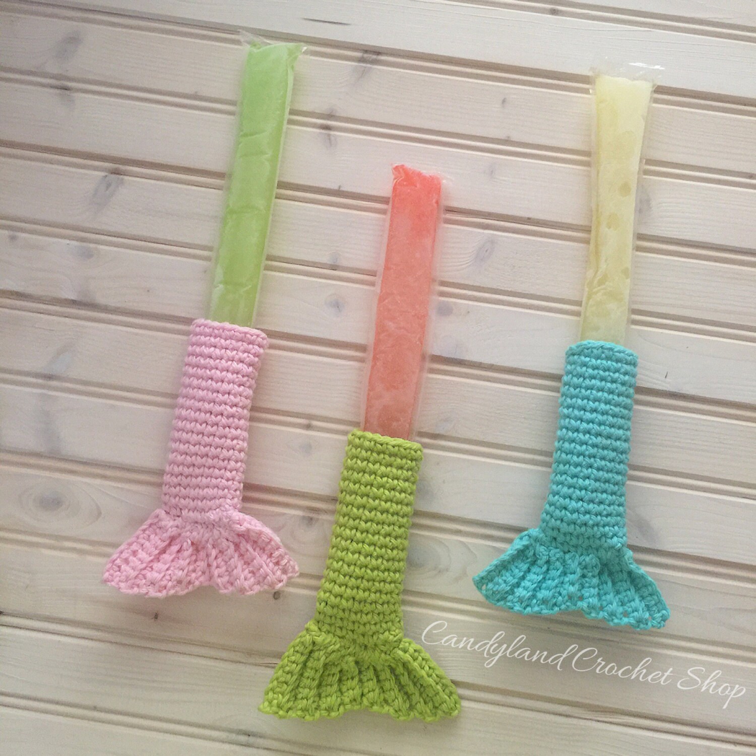 Set of 3 Popsicle Mermaid Crocheted Holders Ice Pop Holders