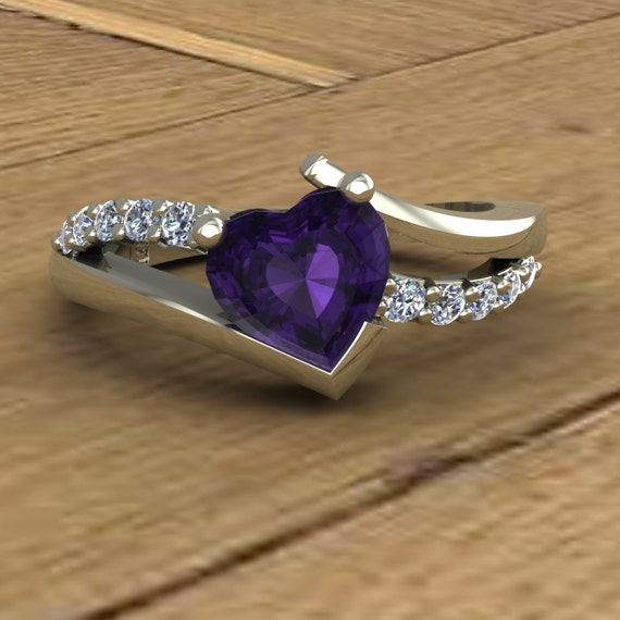 Amethyst Ring Purple Heart Diamonds Asymmetrical 14k