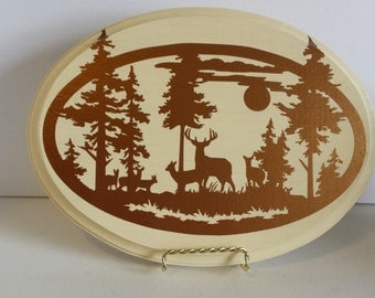 Oval Wood Plaque with Woodland Scene - Deer