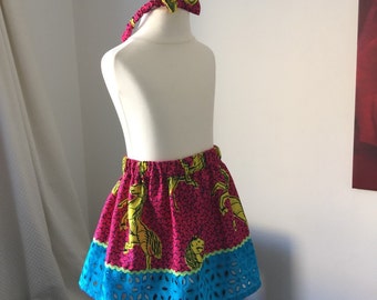 Pink pony and blue broderie ankara african print skirt and headband