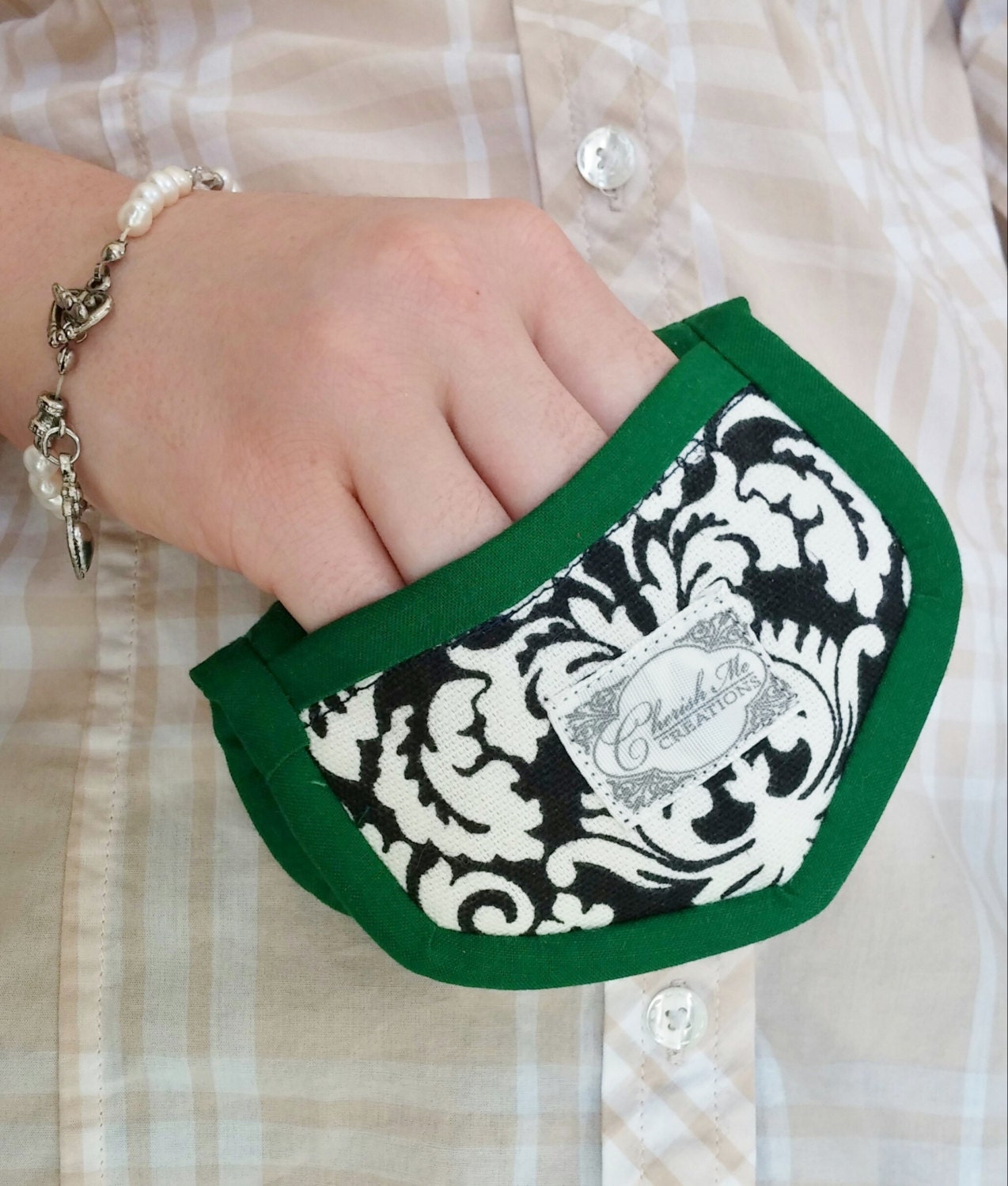 Damask black and white Deluxe Mini Pot holder Irish green