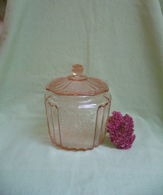 Pink Depression glass cookie jar Mayfair Rose Pattern from