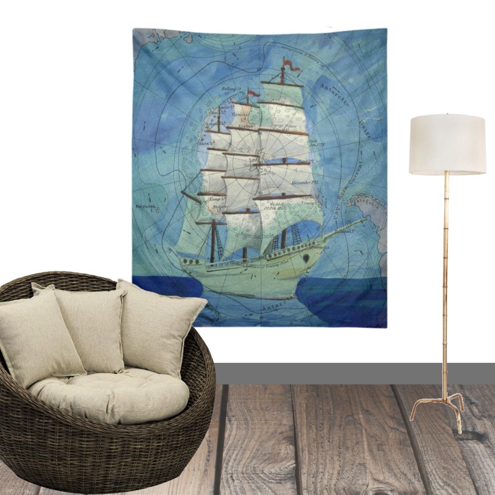 Nautical Ship Old Map Wall Tapestry Woven Throw