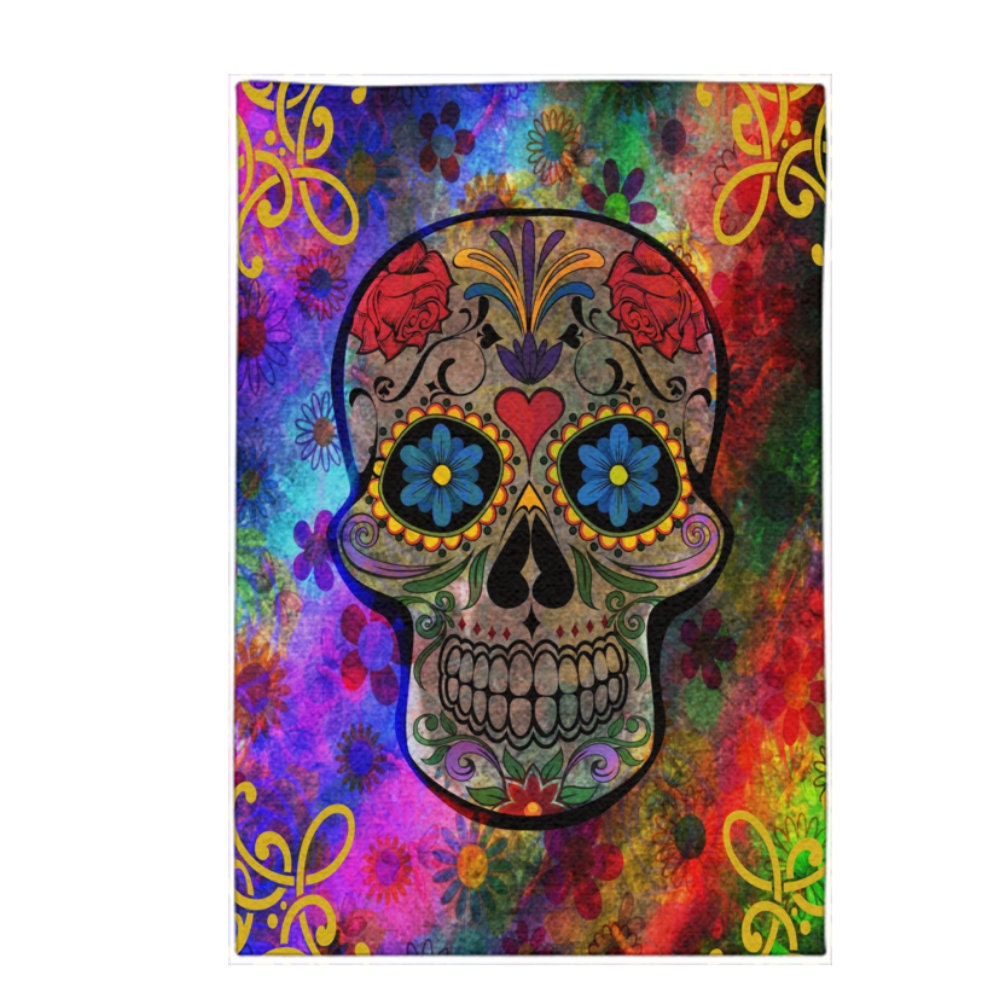 Funky Colorful Sugar Skull Area Rugs or Throw Rug Woven Dobby