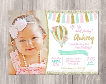 Hot air balloon invitation, pink mint and gold birthday, pink and gold, First birthday invitation, 1st birthday, printable invitation