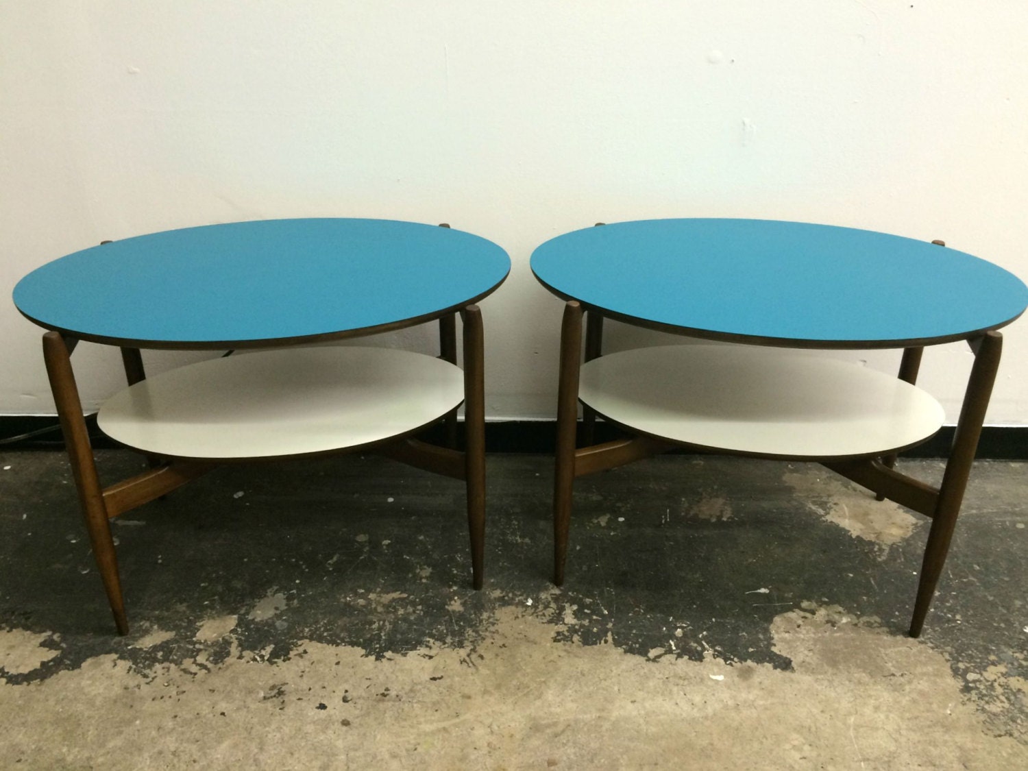 Teal and White Two Tier Oval End Tables Haute Juice