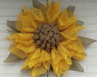 Yellow Poly Burlap Sunflower Wreath with Moss Green Leaves