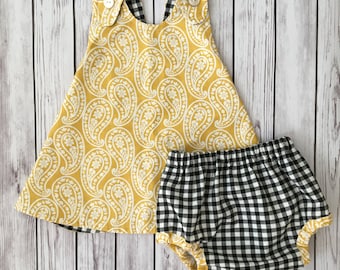 Yellow Baby Dress , Checker Baby Dress , Yellow Toddler Dress , Yellow Pinafore , Checkered Bloomers , Mustard Yellow Dress , Baby Dress