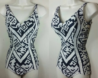 50s One-piece Pinup Swimsuit Black and White Bullet Bra Bathingsuit S
