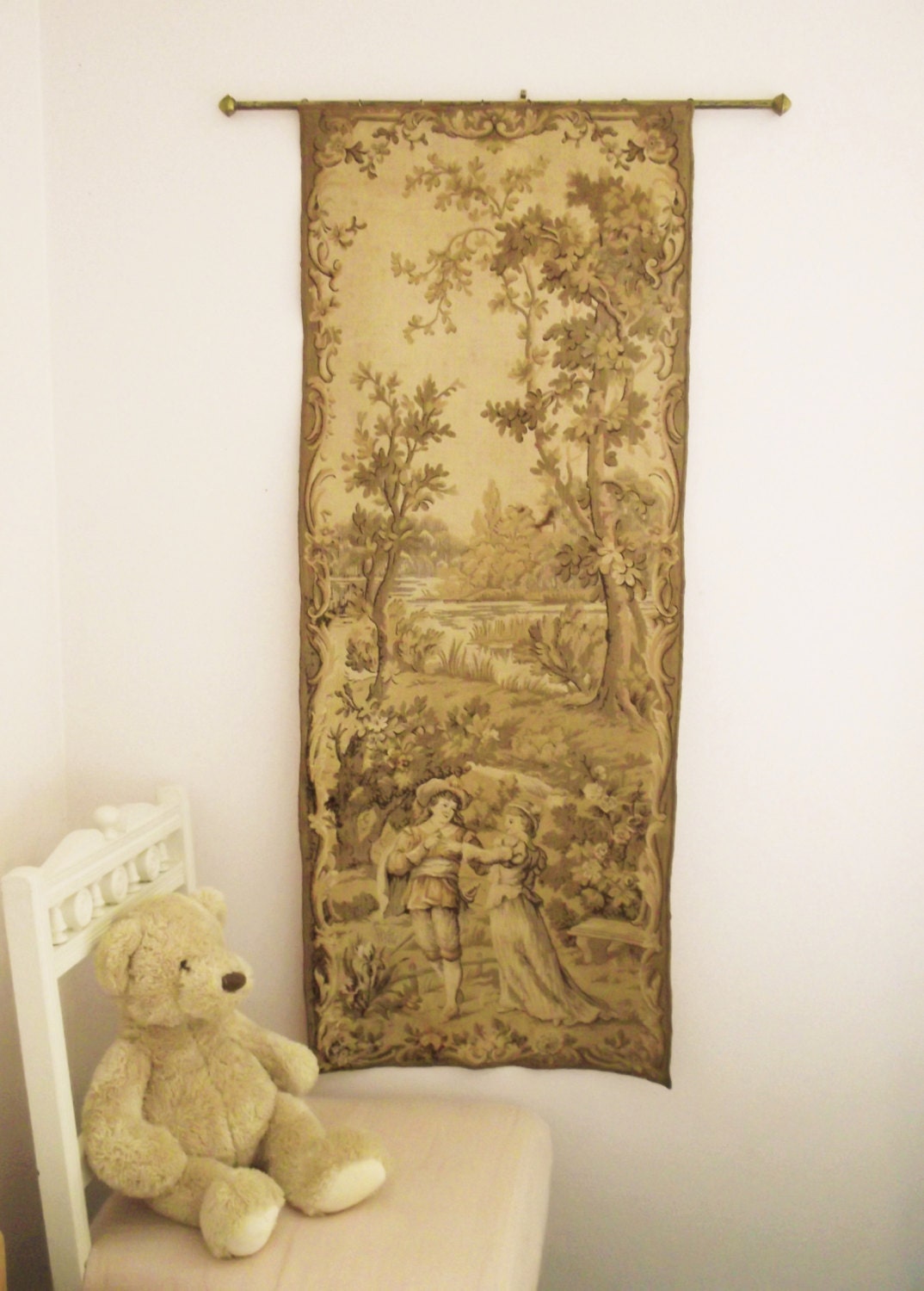 Vintage French tapestry wall hanging on pole19thC French