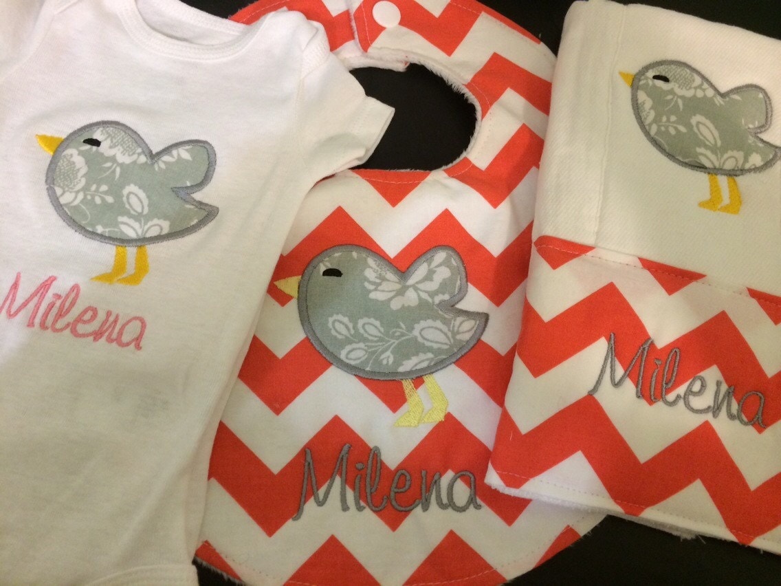Personalized Baby shower gift set coral and gray chevron
