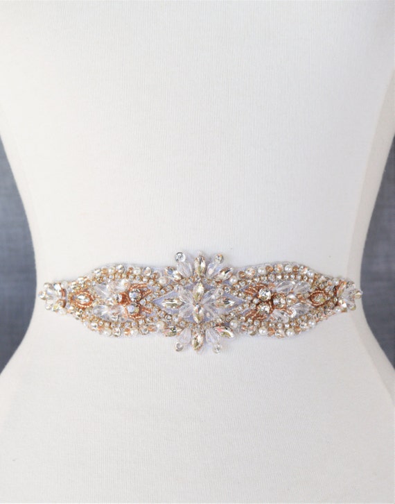 Rose Gold Bridal Belt on Satin Sash by BridalBeltsandSashes