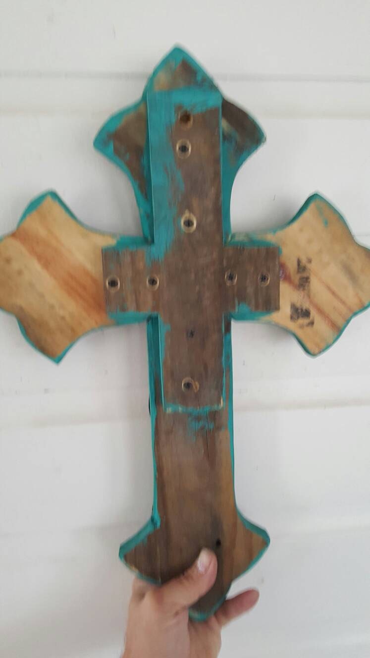 Teal FleurDeLis Wall Cross Hanging Cross Decor Distressed