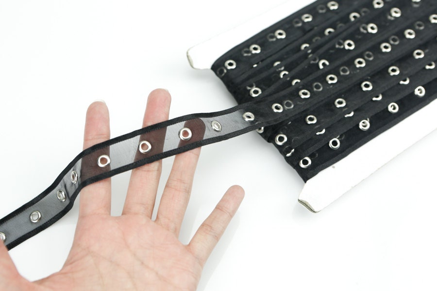 Black Organza Grommet Tape with Silver Eyelet Trim by the Yard