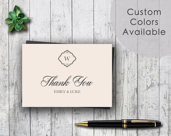 Printable Thank You Card PDF - Elegant Cream Beige Monogram Vintage Rustic Wedding Invites (Choose Your Colors!)(5X3.5 Folded)