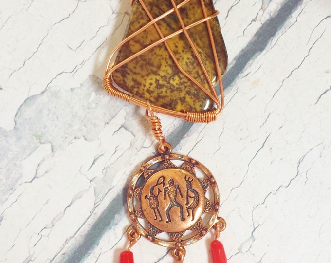 Jasper Pendant ~ Wire Wrapped Native American Jewelry ~ Picture Jasper, Copper & Coral Wearable Art, Fiance Gift, Gift for Daughter, Cowgirl