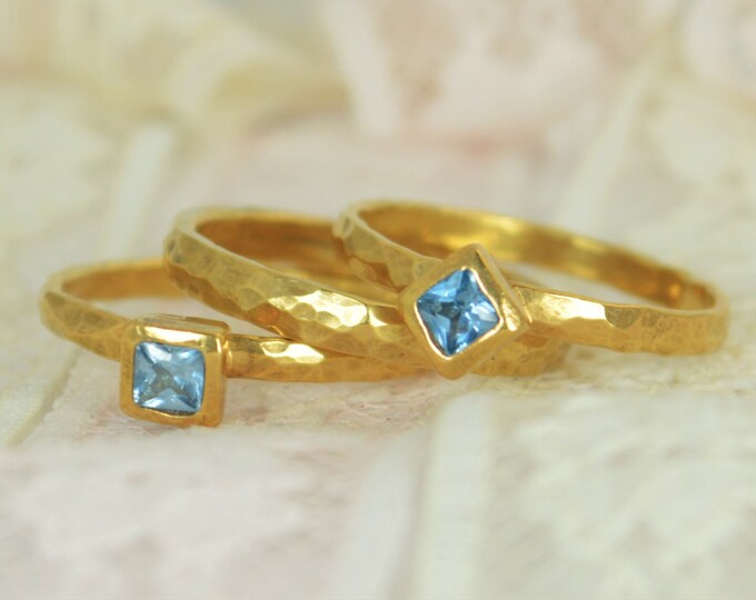 Square Aquamarine Engagement Ring, 14k Gold, Aquamarine Wedding Ring Set, Rustic Wedding Ring Set, March Birthstone, Solid Gold