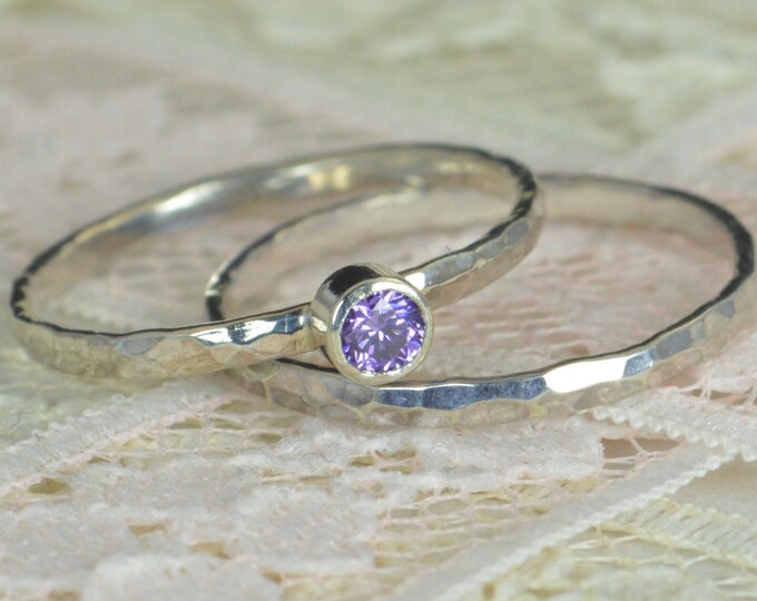 Amethyst Engagement Ring, Sterling Silver, Amethyst Wedding Ring Set, Rustic Wedding Ring Set, February Birthstone, Sterling Silver Ring