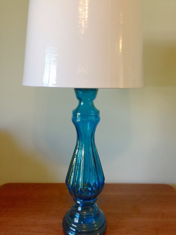 Cobalt Teal Blue Glass Table Lamp Pillar Table Lamp Large