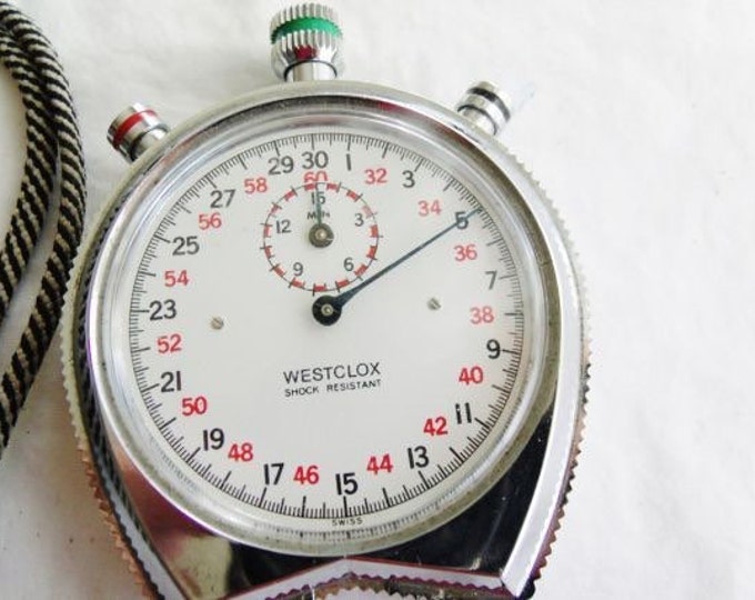 Storewide 25% Off SALE Vintage Acrylic Silver Tone Swiss Made Westclox Shock Resistant Stopwatch With White Dial Face And Original Twisted R