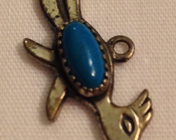 Storewide 25% Off SALE Vintage Sterling Silver Roadrunner Designer Pendant Featuring Rounded Turquoise Stone Center With Textured Finish